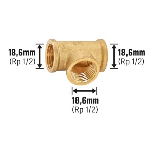 Raccordo a T filettato in ottone, 18,6 mm (Rp 1/2) per derivazioni di tubi.