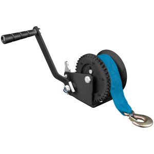 Treuil à sangle Güde GGHW 540/8 : Treuil manuel avec sangle bleue et manivelle pour le transport.