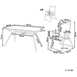 Dessin technique ensemble jardin Beliani Livo: Dimensions table noire et chaises pliantes (max. 110 kg).