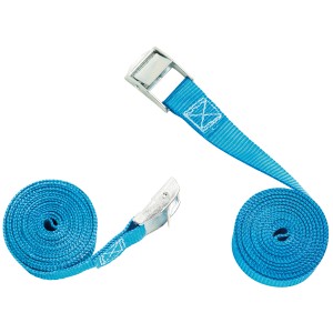 Deux sangles d'arrimage bleues avec boucle de serrage, 25 mm x 2,5 m chacune, pour voyage et transport.