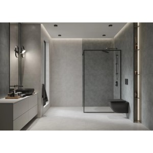 Bagno moderno con piastrelle per pavimenti in gres porcellanato grigio Silver Peak nel formato 59,8x119,8 cm.