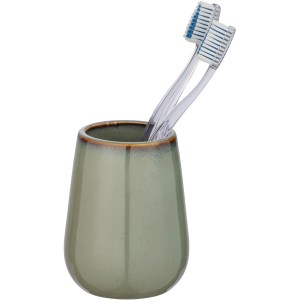 Portaspazzolino verde in ceramica Wenko Sirmione con due spazzolini.