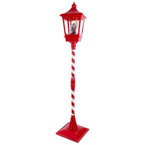 Grande lanterne LED rouge avec poteau rayé rouge/blanc, fonction neige et figurine Père Noël. Décoration de Noël 185 cm.