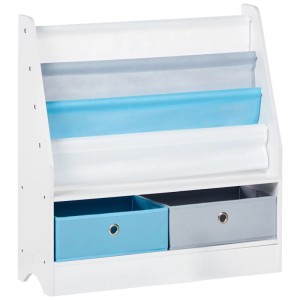 Bibliothèque blanche pour enfants avec 3 étagères en tissu et 2 boîtes bleues/grises pour livres et jouets.
