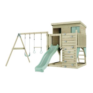 Torre gioco PolarPlay Nils con scivolo, altalena e parete da arrampicata in verde menta.