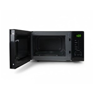 Micro-ondes Kibernetik noir 700 W, porte ouverte, avec plateau tournant en verre et panneau de commande. 20 L.