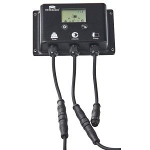 Centralina ibrida Heissner per set pompa solare per laghetto con connessioni e display.