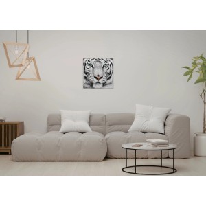 Quadratisches Leinwandbild Weißer Tiger mit leuchtend grünen Augen, auf Holz-Keilrahmen, als Wanddeko im Wohnzimmer.