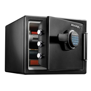 Cassaforte di sicurezza Master Lock LFW082FTC nera aperta con tastierino digitale e vista interna.
