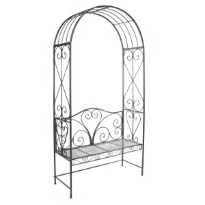 Banc de jardin Provence gris avec arche à roses de Mica Decorations, idéal comme support pour plantes grimpantes.