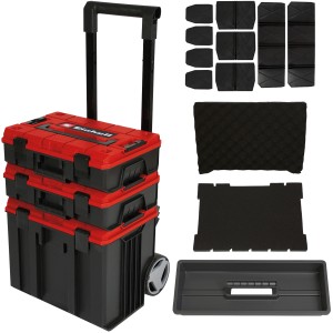 Set de coffrets à outils Einhell E-Case Tower avec roulettes, poignée, inserts et compartiments.