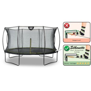 Trampolino nero EXIT Silhouette D366cm con rete di sicurezza e sistema di protezione per i piedi.