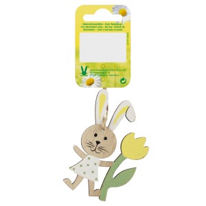 Ciondolo in legno coniglio con tulipano (giallo, 8 cm) per Pasqua. Ciondolo decorativo in legno, naturale con tulipano giallo.