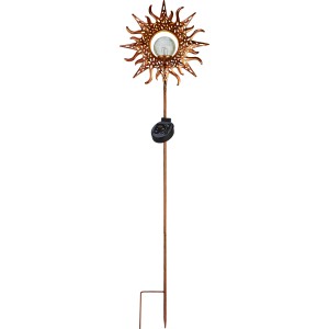 Piquet solaire décoratif LED cuivre, 90 cm, soleil. Décoration de jardin avec lumière blanc chaud.