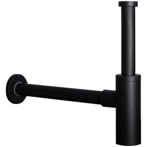 Siphon design AquaSu noir mat pour lavabo, métal, avec ouverture de nettoyage.