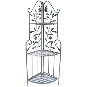 Scaffale angolare in ferro grigio antico con 3 ripiani e delicato design floreale.