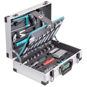 Mallette à outils en aluminium Technocraft Top Compact ouverte, 94 pièces avec des outils comme marteau, tournevis et pinces.