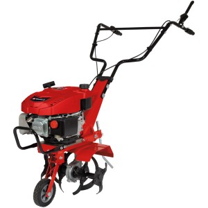 Motobineuse thermique Einhell GC-MT 2236 rouge avec fraises et roue de guidage.