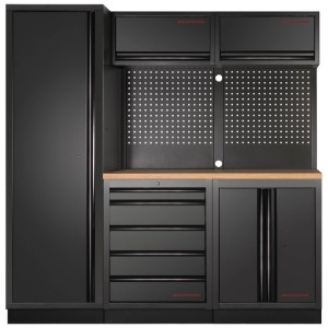 Kraftwerk Mobilio combinaison d'établi avec armoire haute, plan de travail en hêtre et panneau perforé.