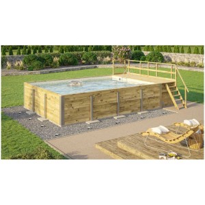 Piscine en bois Weka 595 Sable/Mosaïque taille 2 avec terrasse ensoleillée, échelle et local technique. Système de filtration inclus.