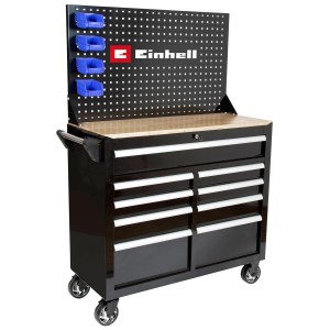 Servante d'atelier Einhell BT-MW 1000 avec 7 tiroirs, 2 portes, panneau perforé et bacs de rangement.
