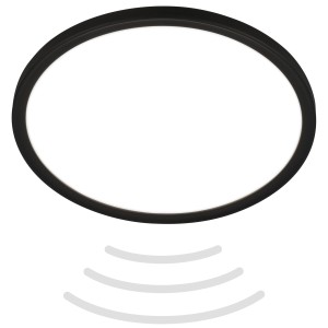 Lampe de salle de bain LED noire avec détecteur de mouvement, Ø 29cm, idéale pour salle de bain et cuisine.