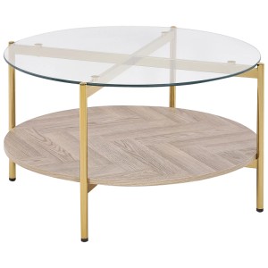 Table basse dorée Lovell avec plateau en verre et étagère aspect bois, ronde.