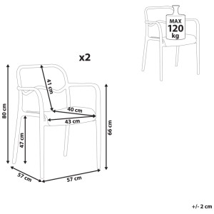 Set sedie da giardino Beliani Thasos: Disegno tecnico con dimensioni (80x57x57 cm), altezza seduta 47 cm, max. 120 kg.