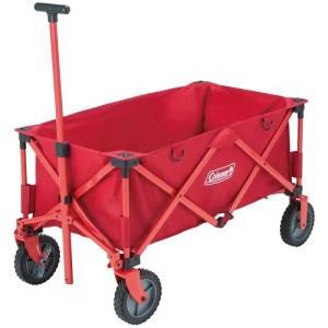 Carrello Coleman® rosso per attrezzatura da campeggio con maniglia e ruote.