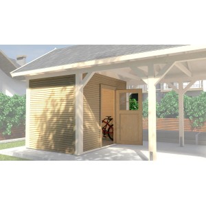 Weka Rimessa per attrezzi WekaLine per carport LH misura 2, naturale con porta aperta e bicicletta all'interno.