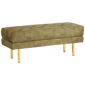 Banquette en velours vert olive Roseville avec capitonnage et pieds dorés.
