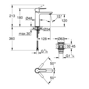 Disegno tecnico del miscelatore monocomando per lavabo Grohe Lineare S-Size cromato con dimensioni.