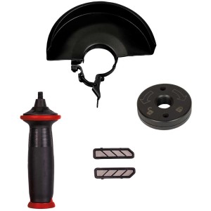Accessoires pour meuleuse d'angle sans fil Einhell : poignée, capot de protection, écrou de serrage rapide, filtres.