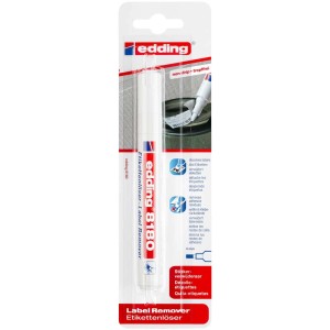 Edding 8180 dissolvant d'étiquettes en blister. Le stylo enlève les étiquettes papier et les résidus de colle.