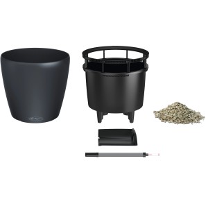 Pot de fleurs Lechuza Classico Color LS 43 en gris ardoise, avec accessoires et système d'arrosage.