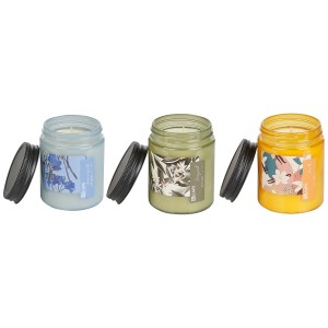 Duftkerzen-Set Fruity Bloom: 3 Sojawachs-Kerzen mit Geranium, Lavendel, Bergamotte und Vanille im Glas.