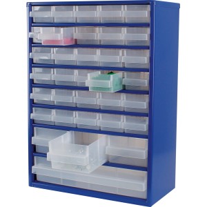 Magazzino in acciaio blu LUX-TOOLS con 34 cassetti trasparenti per lo stoccaggio di piccole parti.