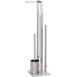 Wenko Ensemble WC sur pied Rivalta, argent mat, avec porte-papier toilette et brosse sur socle en verre.