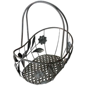 Cesto ovale in metallo con manico, grigio antico, con decoro floreale per giardino e balcone.