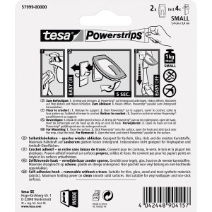 Tesa crochets adhésifs, métal blanc, 2 pièces avec Powerstrips Small, pour une fixation facile sans perçage.