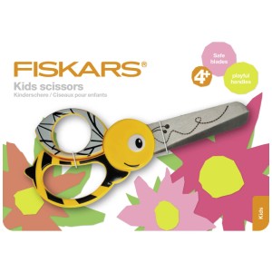 Fiskars Kinderschere Biene, 13 cm, mit Sicherheitsklinge und beidseitigem Griff.