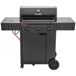 Barbecue à gaz noir Char-Broil Essential 3 G avec brûleur latéral et roues.