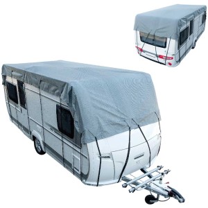 Bâche de protection de toit grise 3x7m protégeant une caravane du gel et des intempéries.