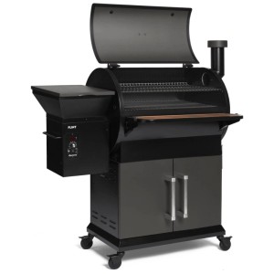 Pellet smoker Burnhard Flint con coperchio aperto, griglie, ripiano e mobile base.