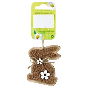 Decorazione pasquale coniglietto in legno marrone scuro con peluche e fiori, 7x5,5 cm.