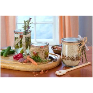 Tulpen-Randgläser (1062 ml) mit Glasdeckel, dekoriert und gefüllt, auf einem Tisch.