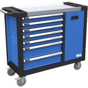 Chariot d'atelier bleu Güde Premium GWPV 7/1 avec 7 tiroirs et plan de travail en acier inoxydable.