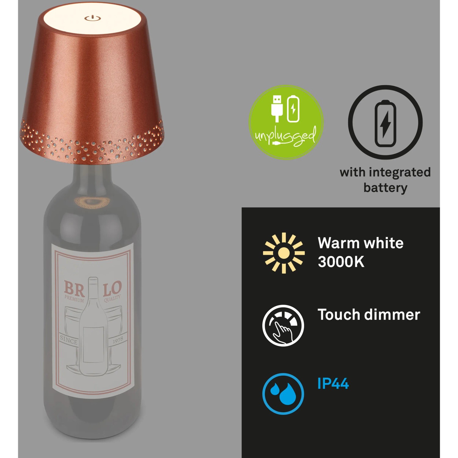 Lampada per bottiglia senza fili - Luce per bottiglia di vino ricaricabile senza fili con controllo touch
