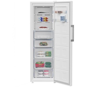 Congélateur Beko GF286 blanc porte ouverte, montrant tiroirs transparents et aliments congelés. 286 l.
