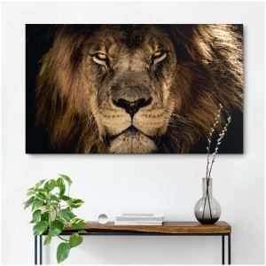 Blocco decorativo Dark Lion: Quadro in MDF (70x118 cm) con motivo leone per decorazione murale.